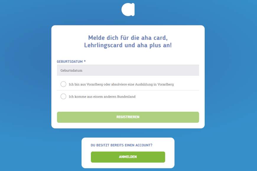 Startscreen der aha Registrierung