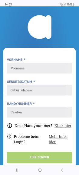 Login-Screen in der aha App mit Vorname, Geburtsdatum und Telefonnummer.