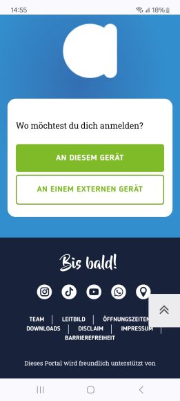 Screen in der aha App bei dem man aussuchen kann, ob man sich an diesem oder an einem externen Gerät anmelden möchte.
