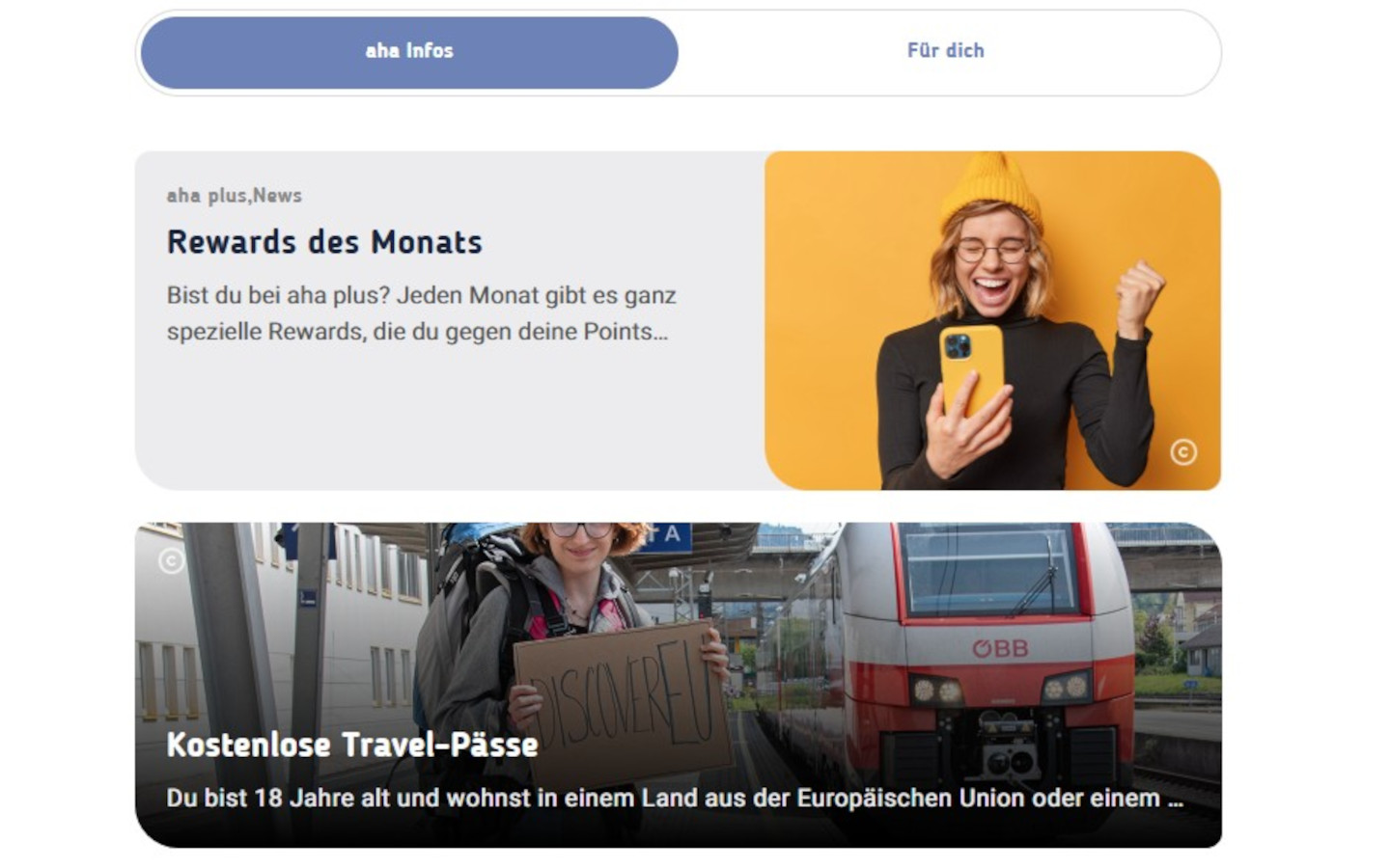 Bild vom aha-Newsfeed auf dem Desktop, wenn man auf der Webseite eingeloggt ist.